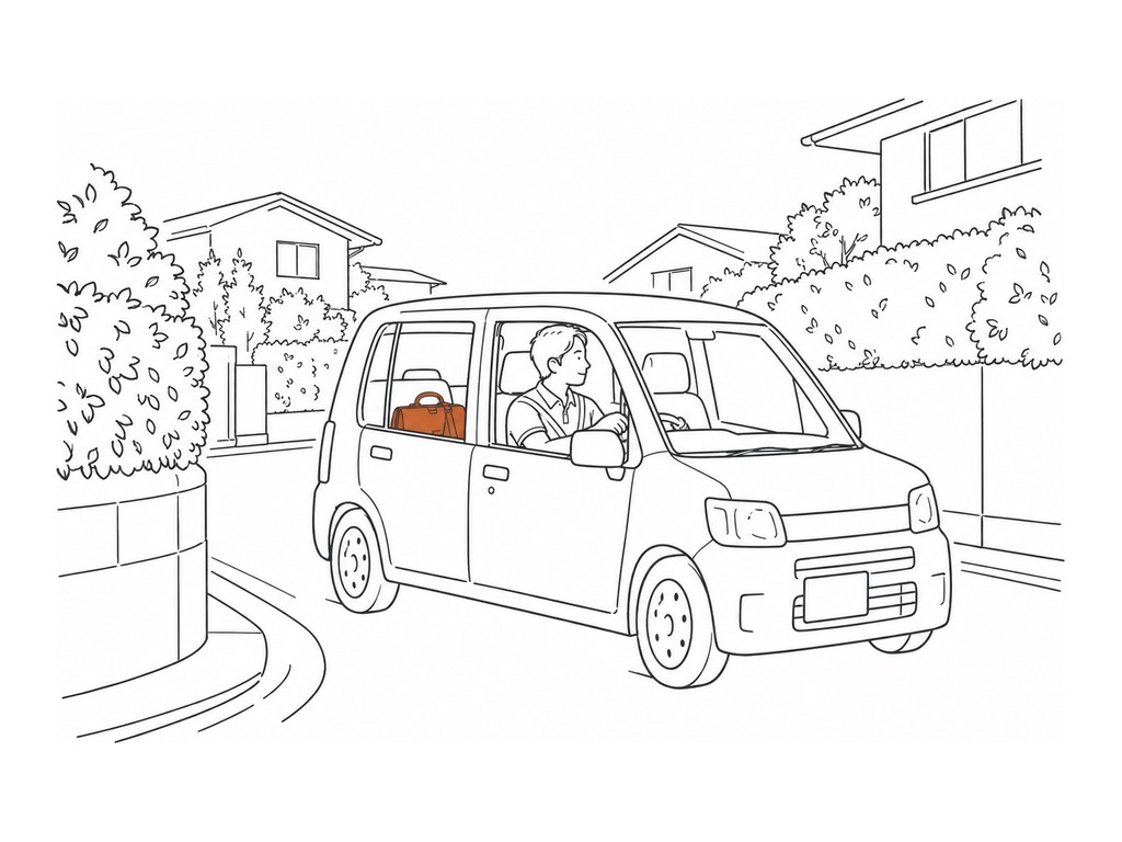 生け垣のある住宅街の角を、医師の運転する白い軽自動車が曲がっていく挿絵