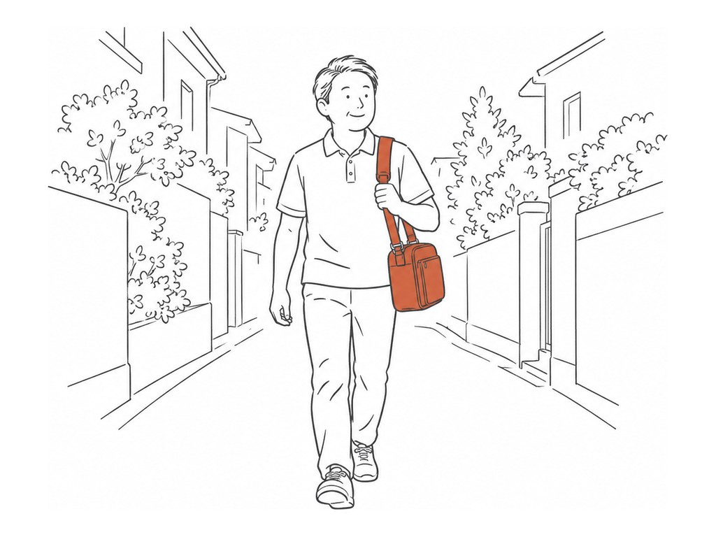 住宅街の細い道を、往診かばんを持った医師が歩いてくる挿絵