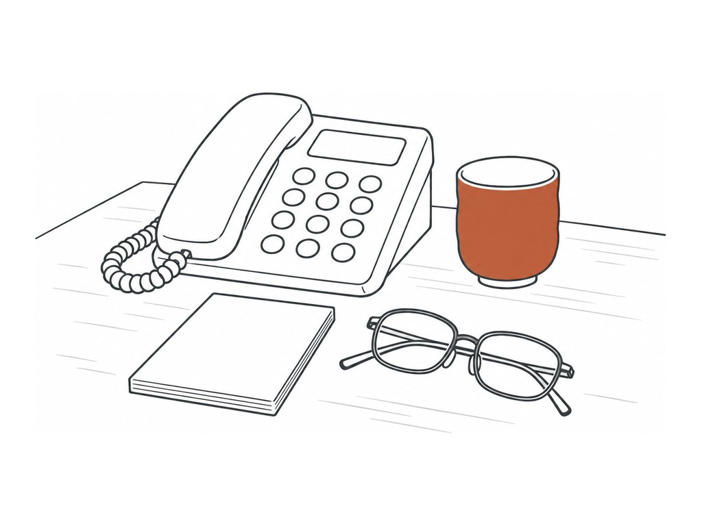 受話器を置いた電話とメモ帳、老眼鏡、湯のみが並ぶ木の机の挿絵