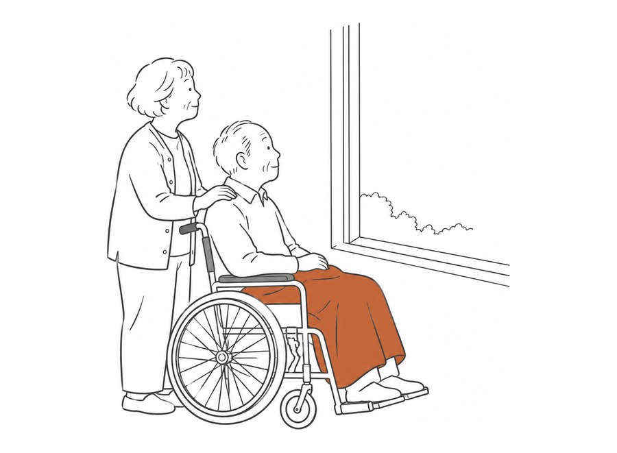 窓辺で外を眺める、車いすの夫と肩に手を置いて寄り添う妻の挿絵
