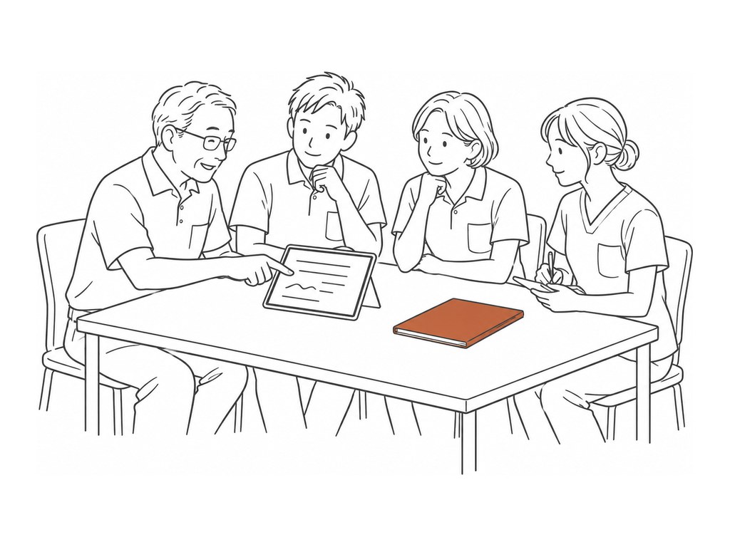 机を囲んで、タブレットを見ながら話し合う医師と看護師の挿絵