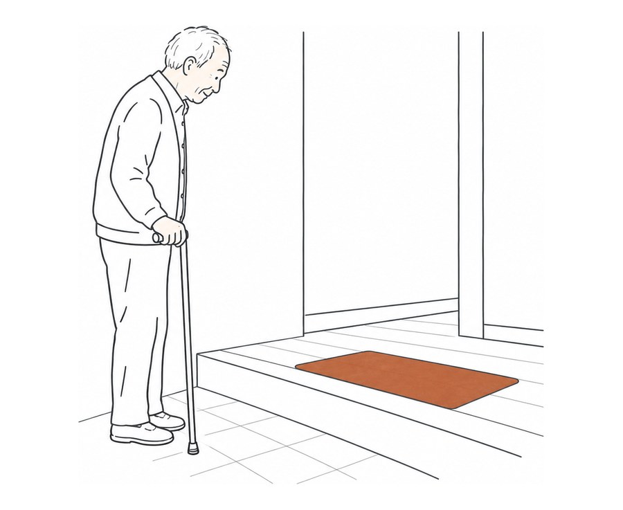 玄関の段差の前で、杖を持って立ち止まる高齢の男性の挿絵