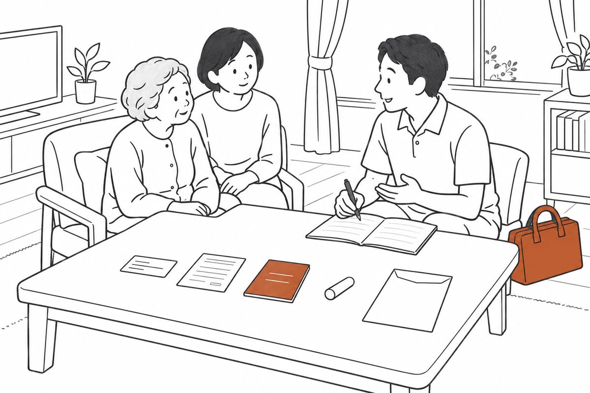 診療のはじまりの日、テーブルに保険証、介護保険証、お薬手帳、印鑑、紹介状の封筒が並んでいる