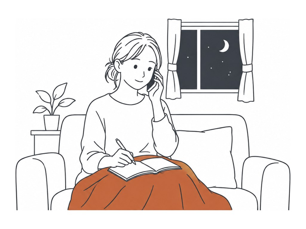 夜、自宅のソファでひざ掛けをして、電話に出ながらメモを取る看護師の挿絵