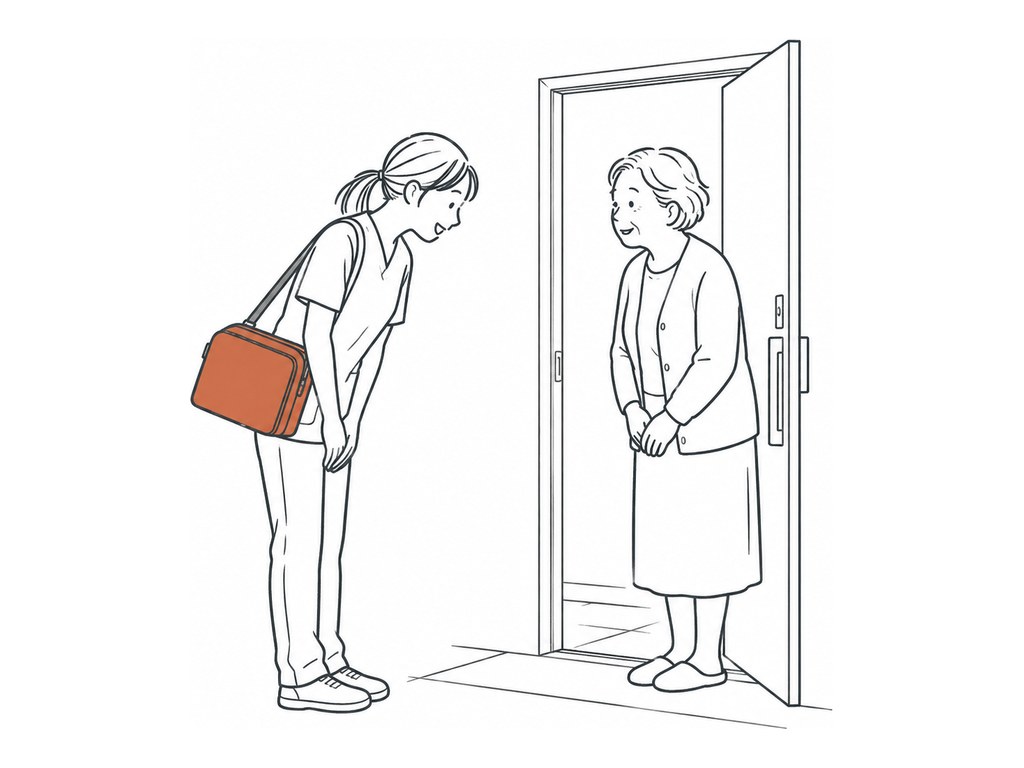 玄関先で、往診かばんを持った看護師が家の人に迎えられている挿絵