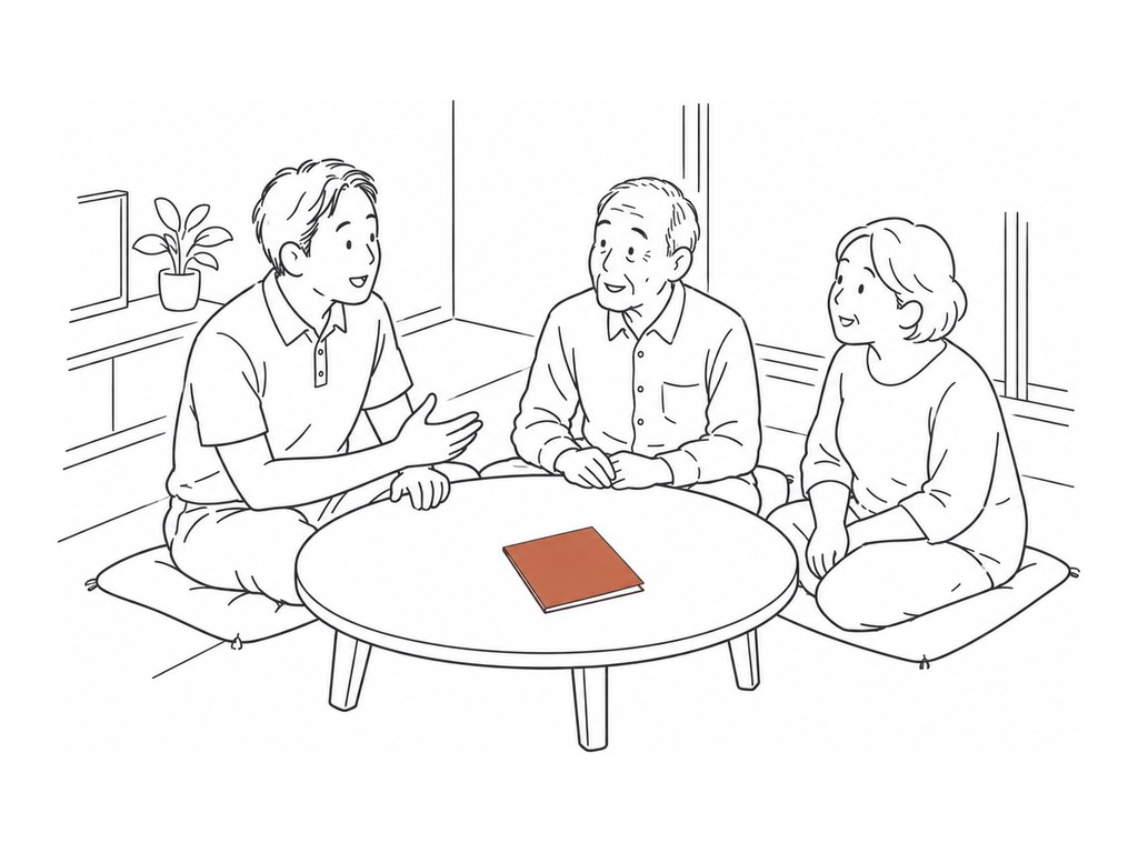 居間のちゃぶ台を囲んで、医師とご本人とご家族が座って話している挿絵