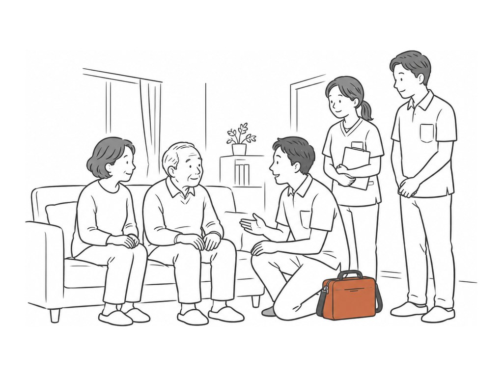 居間のソファに座る高齢の方とご家族のそばで、医師がひざをついて話を聞き、看護師ともう一人の医師が見守っている挿絵